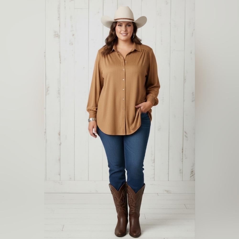Chicos Western Chic Smooth Faux Suede Reza Button Shirt Cognac Size (3 XL 16)